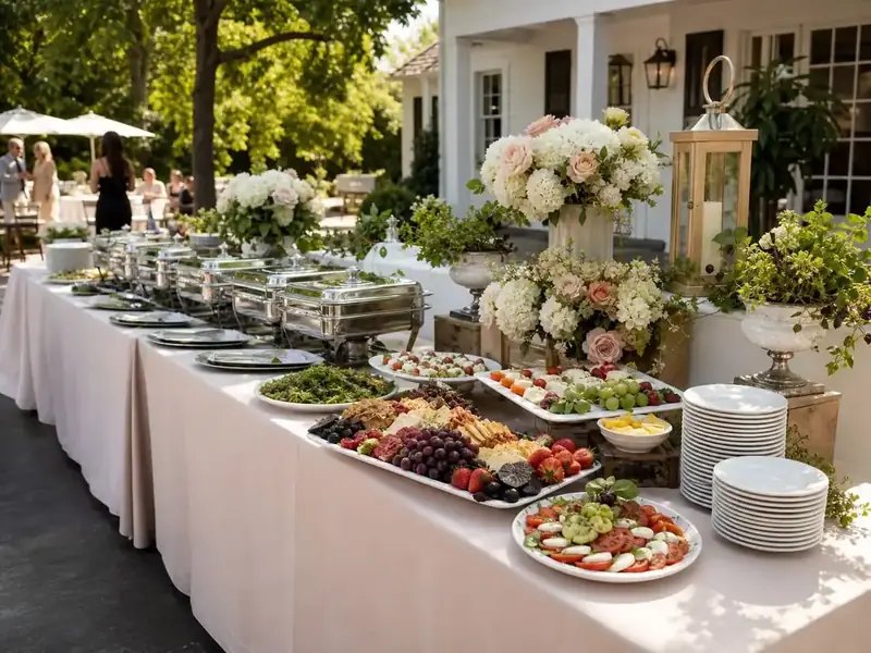 Wedding reception buffet with silver chafers, composed appetizers, china and greenery styled for a Livermore Valley winery ceremony